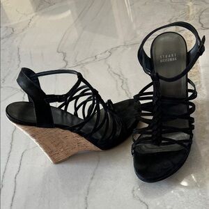 Stuart Weitzman Nubuc Black Strappy Wedges